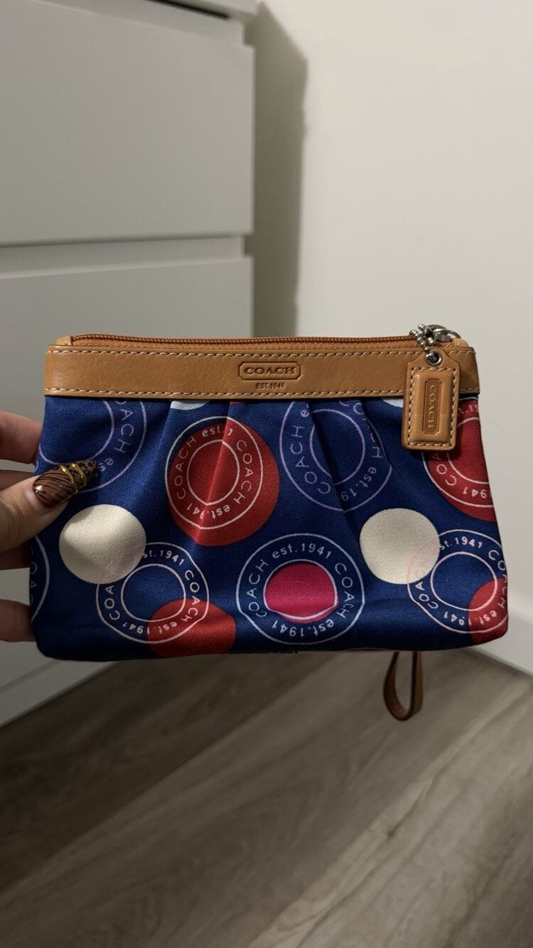 Coach Multicolor Circle Print Navy Canvas Wristlet Pouch Leather Trim Y2K